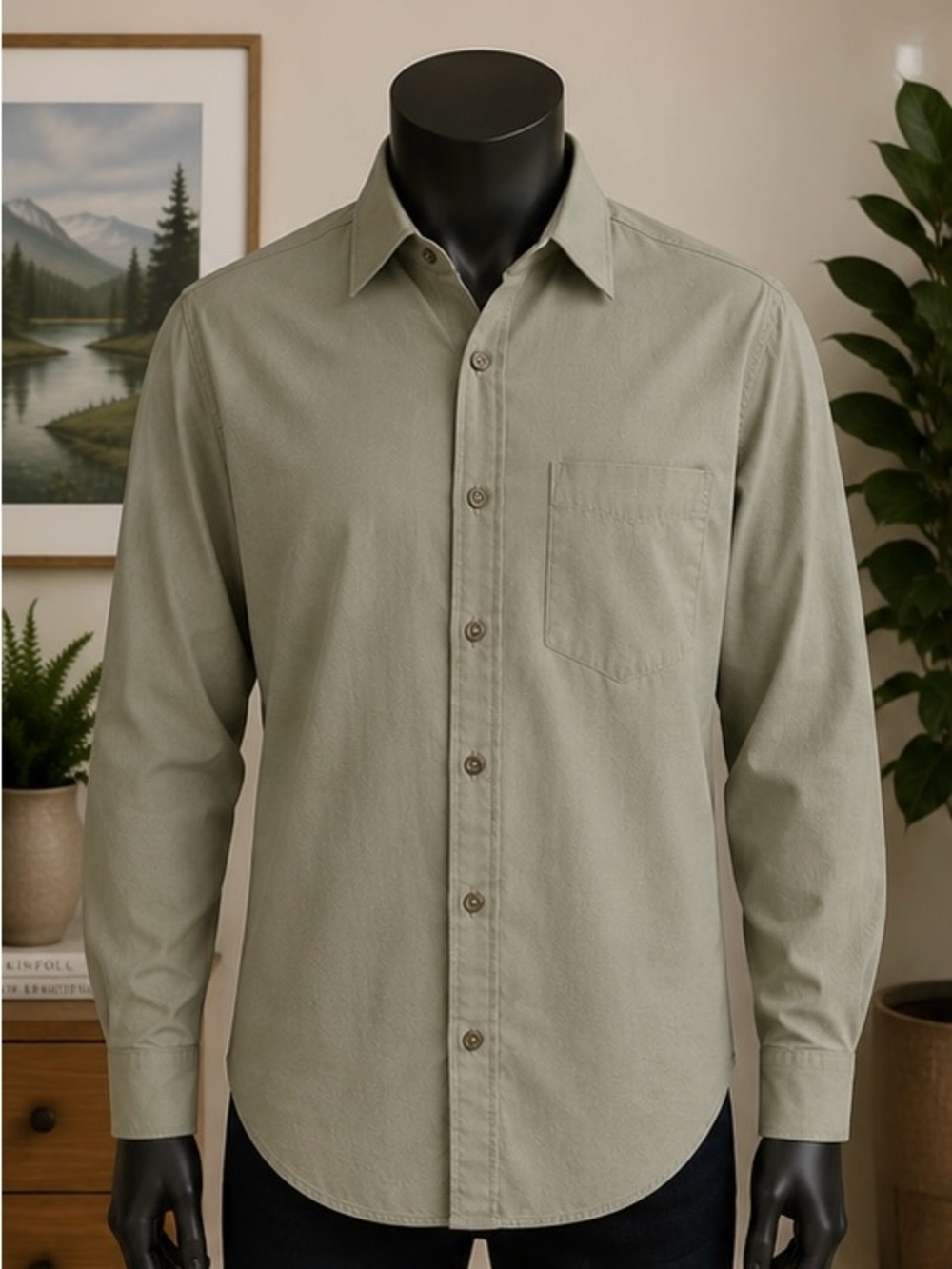 Geoffrey Beene Dress Shirt Mens Large 16-16.5 32/33 Olive Green Button Up